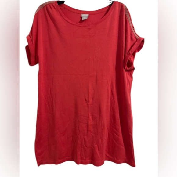 Chico's Tops - Chico’s size 2 short cuffed sleeve pink tunic with a beading design on shoulders